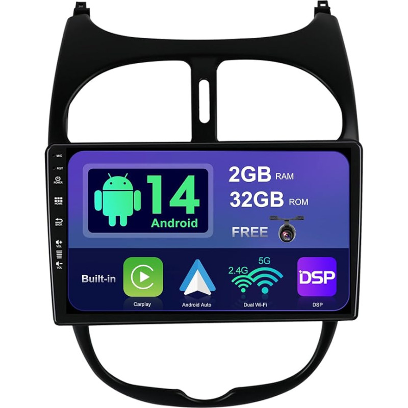 SXAUTO Android 12 IPS automobilinis radijas Peugeot 206 (2002-2010) - Integruotas CarPlay / Android Car - atbulinės eigos kamera nemokamai - 2G + 32G - Valdymas vairu DAB Fast Boot WiFi DSP Bluetooth - 2 DIN 9