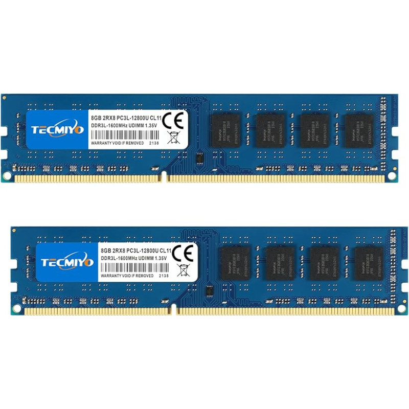 TECMIYO 16GB rinkinys (2x8GB) DDR3 RAM 1600MHz PC3-12800U/PC3L-12800 DDR3L atminties RAM UDIMM CL11 1.35V/1.5V 240Pin Non-ECC Unbuffered 2RX8 Dual Rank Desktop Memory RAM modulis