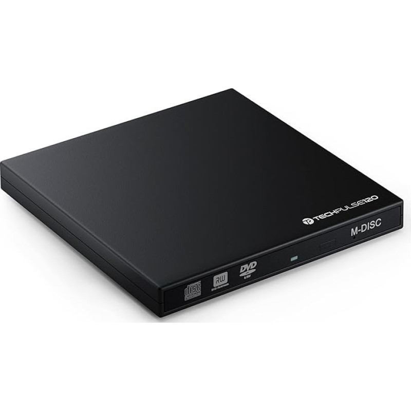 techPulse120 Išorinis USB 3.0 DVD CD M-Disc įrašymo įrenginys Slim SuperDrive DVDRW CDRW ROM, skirtas kompiuteriui Stalinis kompiuteris Nešiojamasis kompiuteris Ultrabook Netbook Nešiojamasis kompiuteris Juodas