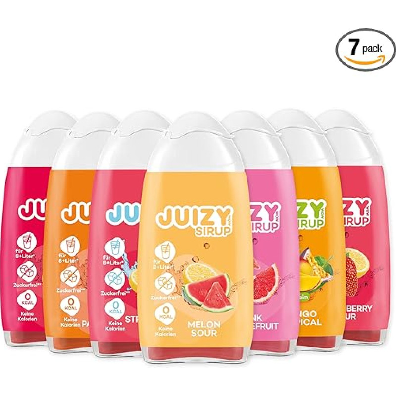 JUIZY WOW Sugar Free Syrup | 7 x 65 ml - Up to 84 L Natural Drink Syrup | Zero Calories | Vegan - Melon, Mango, Strawberry Ice, Grapefruit, Cherry, Passion Fruit | More Juice - Less Calories