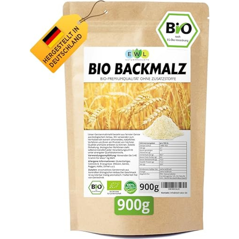 EWL Naturprodukte Kepimo salyklas ekologiškas salyklas, 100 % vokiškas miežių salyklas, kepimo salyklas duonai ir bandelėms, daug skaidulų turintis miltų priedas, miežių kepimo salyklas, duonos kepimo priemonė, veganiškas, 900 g