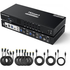 TESmart USB 3.0 HDMI + DP + USB C KVM jungiklis 4 kompiuteriams 3 monitoriams, 4 prievadų KVM jungiklis su EDID emuliatoriais, 4K @ 60Hz, karštųjų klavišų jungikliu, laidiniu tinklu, MST, ausinėmis ir visais įvesties kabeliais