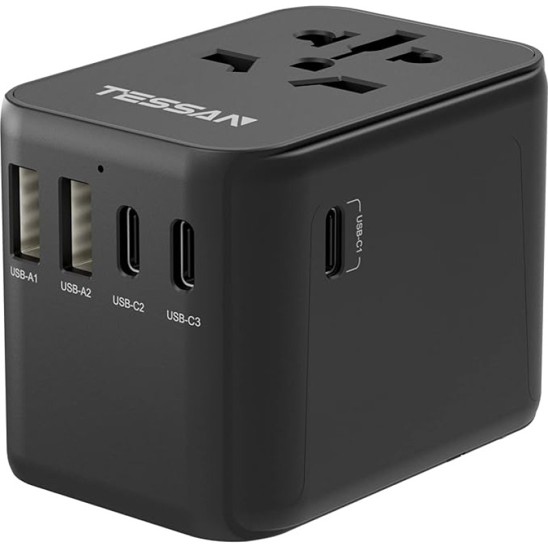 TESSAN Travel Adapter Worldwide, Universal Travel Adapter with 2 USB and 3 USB C, Black International Socket Adapter, Travel Plug Adapter Worldwide for Germany, USA, England, Thailand, Italy