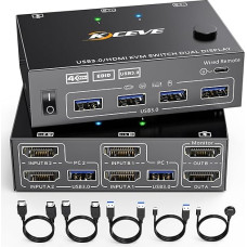 USB 3.0 KVM jungiklis 2 kompiuteriams 2 monitoriams, KCEVE HDMI KVM jungiklis dviem monitoriams su EDID funkcija, palaiko 4K @ 60Hz Dalytis monitoriaus pelės klaviatūra nešiojamajam kompiuteriui, PC, PS5, Xbox