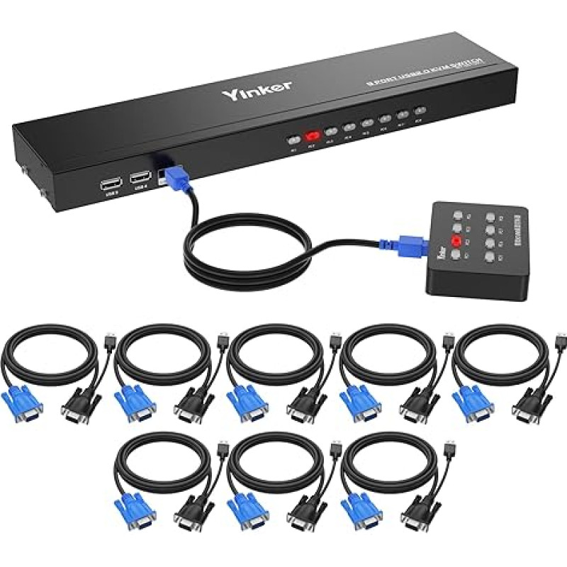 VGA KVM Switch 8 Port, Yinker 8 in 1 out VGA USB KVM Switch with 2 x Rack Mount Ears and Desktop Selector 4 USB Port