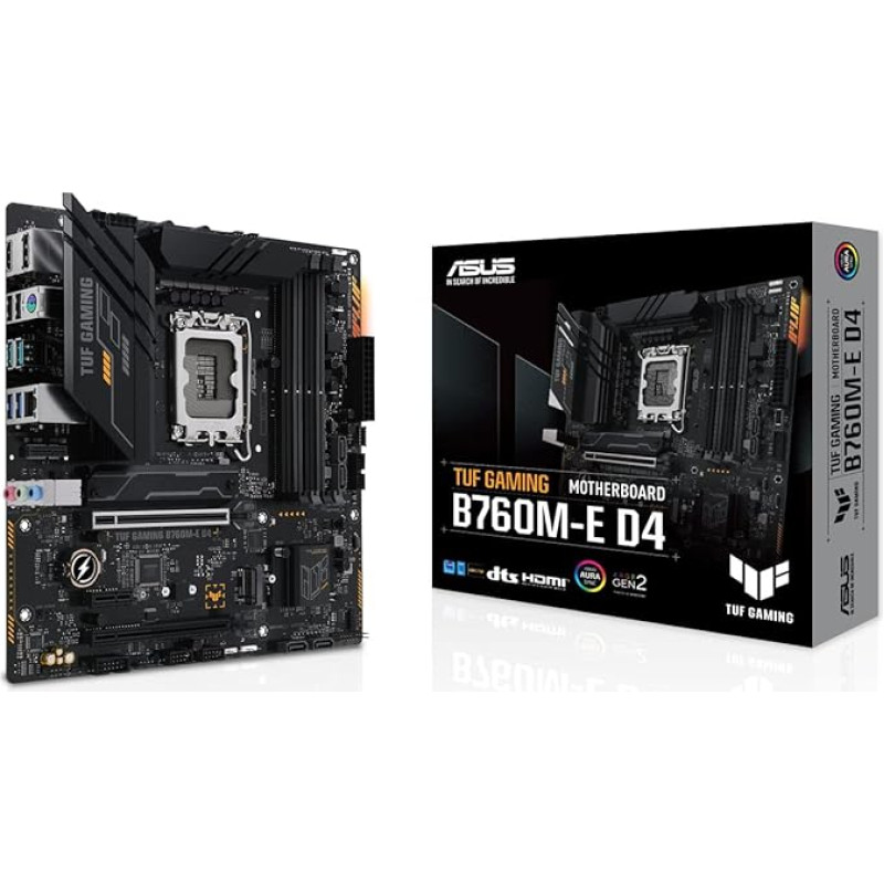 ASUS TUF Gaming B760M-E D4 pagrindinė plokštė Socket Intel LGA 1700 (Intel B760, mATX, DDR4 atmintis, PCIe 4.0, 2x M.2, Realtek 2.5Gb Ethernet, Aura Sync)