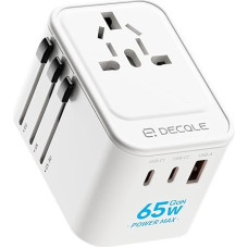 decqle Travel Adapter Worldwide, Universal Travel Plug with 2 USB-C (GaN 65W), 1 USB-A and 1 AC Socket, International Socket Adapter, Universal Adapter for EU, UK, US, AU (White)