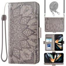 Asuwish Mobile Phone Case for Samsung Galaxy Z Fold 4 5G Case with Strap Glass Card Slot Foldable Leather Wallet Stand ZFold4 Z4 Fold4 4Z 2022 F936B ZFold Mobile Phone Cases Mandala Phone Case Grey