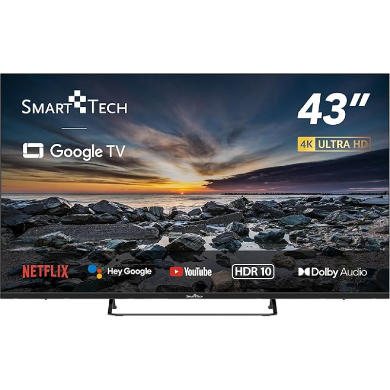 SMART TECH Smart TV, 43 Inch 4K UHD, Google TV, Wi-Fi, DVB-T2/C/S2, HbbTV, Netflix, YouTube, Dolby Audio, 2023 [43UG10V3]