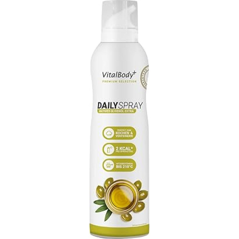 VitalBodyPlus® Daily Spray Extra Virgin Olive Oil, 800 porcijų, keptuvės purškiklis kepimui, kepimui ant grotelių ir rafinavimui, sveikam maisto ruošimui, nesvylantis kepimo purškiklis su alyvuogių aliejumi