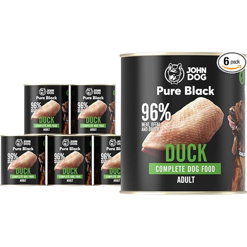 JOHN DOG Pure Black - 96% mėsos - aukščiausios kokybės drėgnas ėdalas šunims - hipoalerginis ėdalas šunims - drėgnas ėdalas be glitimo - 100% natūralūs ingredientai - skanėstai šunims - 6 x 800 g - (Antis)