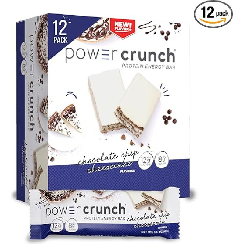 Power Crunch Protein-Waferriegel, baltyminiai užkandžiai su aukščiausios kokybės užkandžiais, Schokoladen-Chip-Käsekuchen, 40 ml (12 Stück)