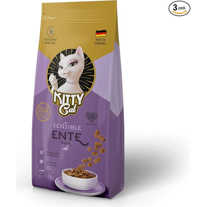 KITTY Cat Duck Sensitive 3 x 3 kg, Dry Food with High Meat Content for Sensitive Cats, Grain-Free Cat Food with Taurine and Salmon Oil, Made in Germany