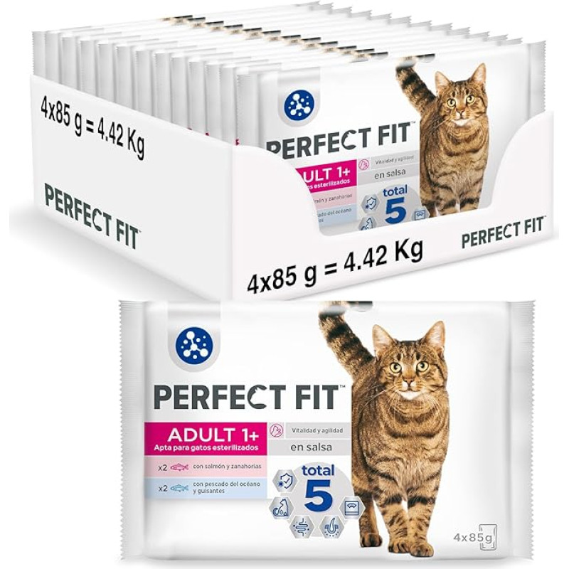 PERFECT FIT Wet Food for Cats, Adults, Fish and Vegetables Flavour 13 Packs x 4 Bags x 85g