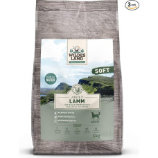 Wildes Land - Pusiau drėgnas sausas ėdalas šunims - ėriena - 3 x 5 kg - minkštas su ryžiais ir laukinėmis žolelėmis - be glitimo - papildomas mėsos kiekis - visų veislių šunims - geriausias priėmimas