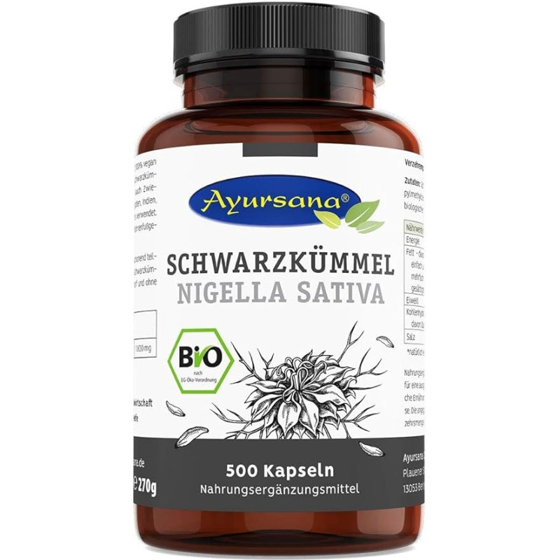 Ayur Sana Vegan Ekologiškos juodųjų sėklų kapsulės (500 vnt.)