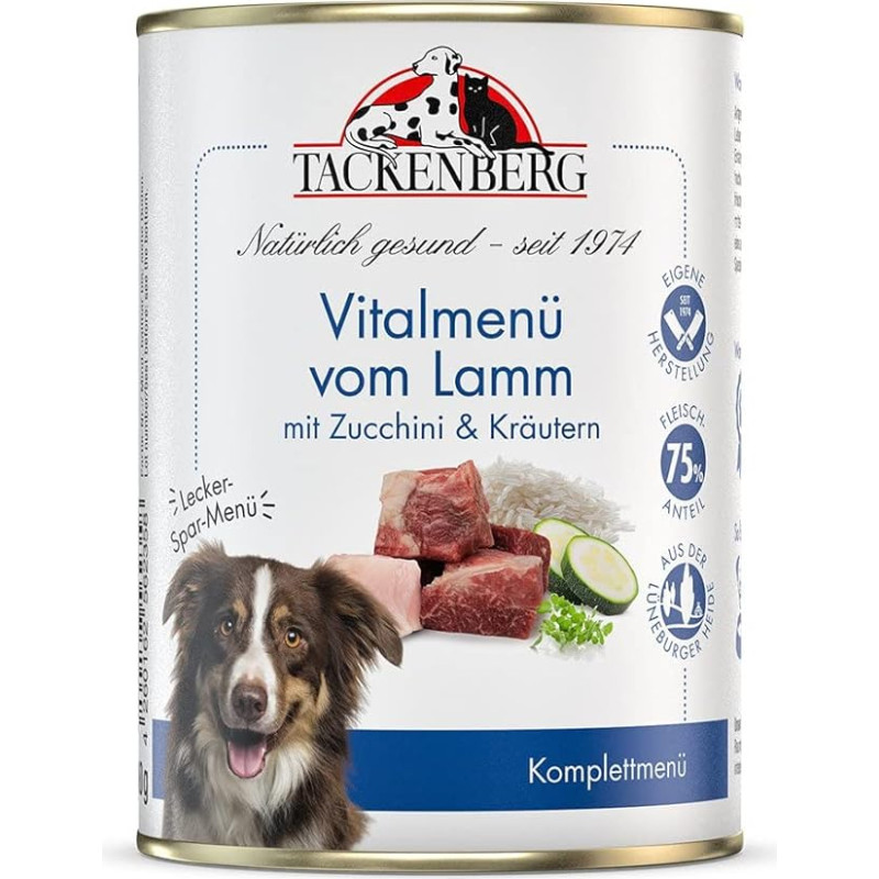 TACKENBERG Vitalmenu of Lamb with Zucchini & Herbs šlapio ėdalo konservai šunims - aukščiausios kokybės ėdalas šunims - natūralus, be grūdų - 24 x 400 g