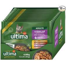 ULTIMA sterilizuoti kačių pietų maišeliai Vištiena, kalakutiena, jautiena ir ėriena 12 pakuočių x 4 x 85g