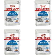 ROYAL CANIN Indoor Sterilised 7+ | 4 pakuotės | 4 x 12 x 85 g | Visavertis maistas katėms nuo 7 metų | Sterilizuotoms katėms, gyvenančioms namuose | Užkandžiai drebučiuose