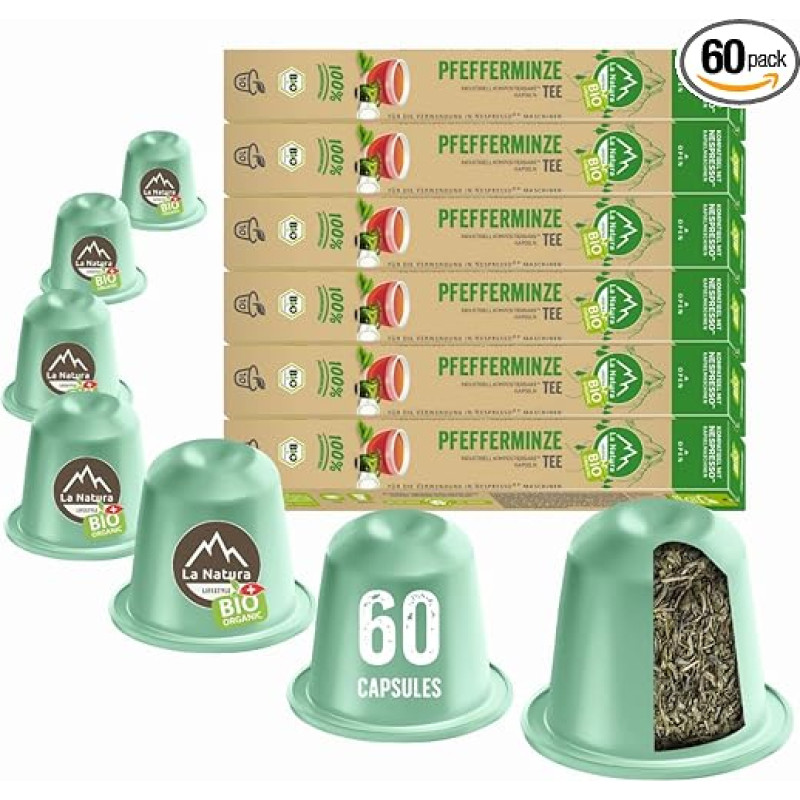 La Natura Lifestyle Organic Peppermint Tea 100% Industrial Compostable² Tea Capsules Environmentally Friendly 60 Tea Capsules for Nespresso®³ Capsule Machines