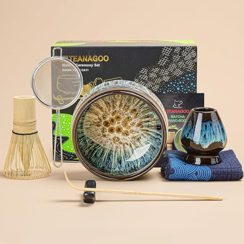 TEANAGOO Matcha Tea Set, Japanese Tea Set, Matcha Bowl, Matcha Bamboo Broom, Shovel, Strainer, Matcha Broom Holder, Matcha Broom Stand, Matcha Broom Set N4, Matcha Tea Set