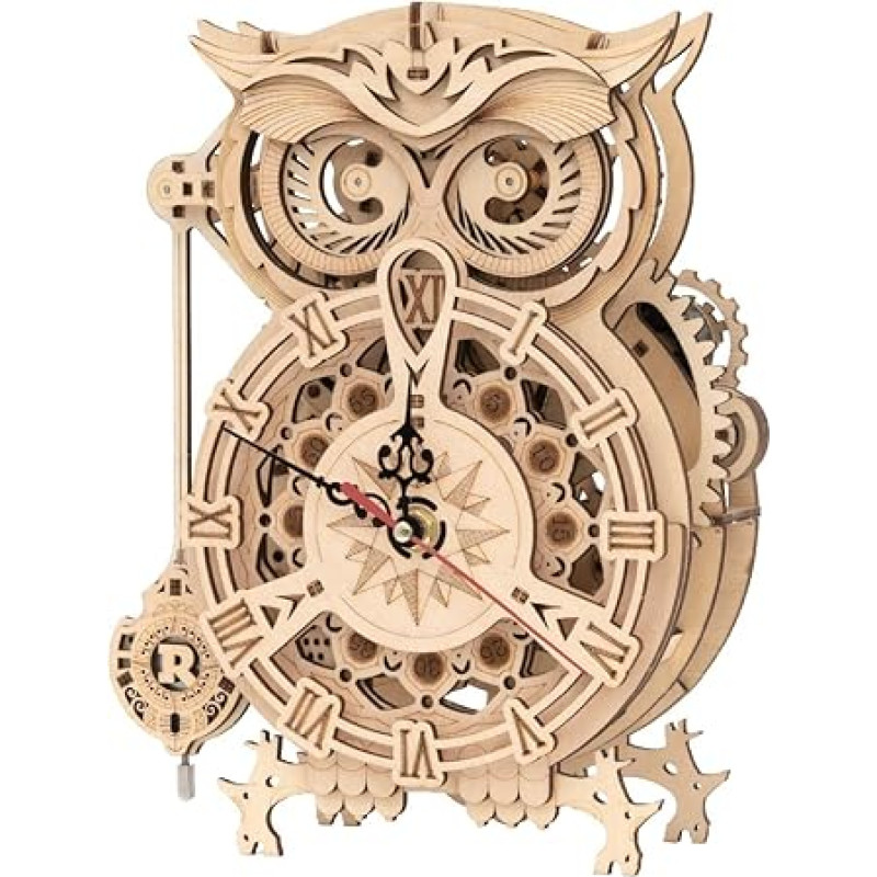 ROKR Pelėdos laikrodžio konstravimo rinkinys, 3D medinė dėlionė suaugusiesiems, stalo apdaila, dovana vyrams ir moterims (LK503)