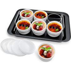 Ramekin Set with 6 Silicone Lids, Creme Brulee Making Set, 304 Stainless Steel Lifting Rack and 25.5 x 37.3 cm Base Baking Pan, Set of 6 Porcelain (White)
