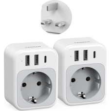 TESSAN Adapteris Anglija Vokietija kištukas, 2 dalys, 4 in 1 lizdo adapteris Anglijoje su 1 USB C ir 2 USB A, 3250 W JK adapteris, kelioninis adapteris JK, skirtas Airijai Maltai Škotijai, G tipo kelioninis adapteris
