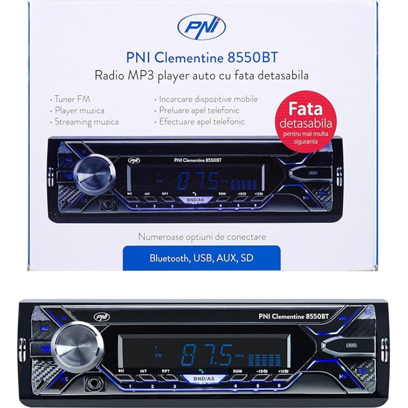 Automobilinis MP3 grotuvas PNI Clementine 8550BT Nuimamas priekinis 4x45w 12V 1 DIN su SD USB AUX RCA