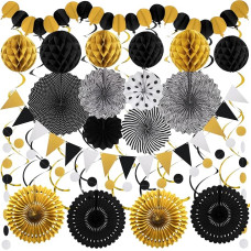 ZERODECO Schwarz Gold Party-Dekorationen, Silvester-Party-Artikel einfache Zusammenstellung Papierfächer Wabenkugeln für Abschlussfeiern, Gratulation zum Abschluss Geburtstage Frohes Neues Jahr-Party