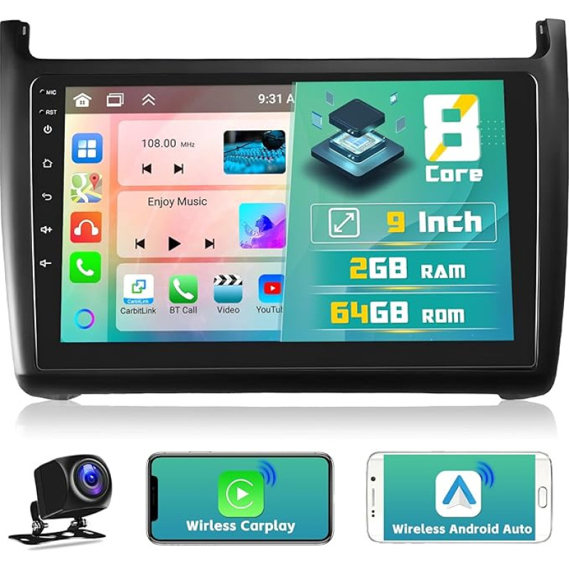 [8 branduolių 2G/64G] Hikity VW Polo 2011 2012 2013 2013 2014 2015 2016 Android 13 automobilinis radijas su navigacija Belaidis CarPlay Android automobilinis 9 colių jutiklinis ekranas Dvigubas DIN automobilinis radijas su GPS DSP RDS WiFi