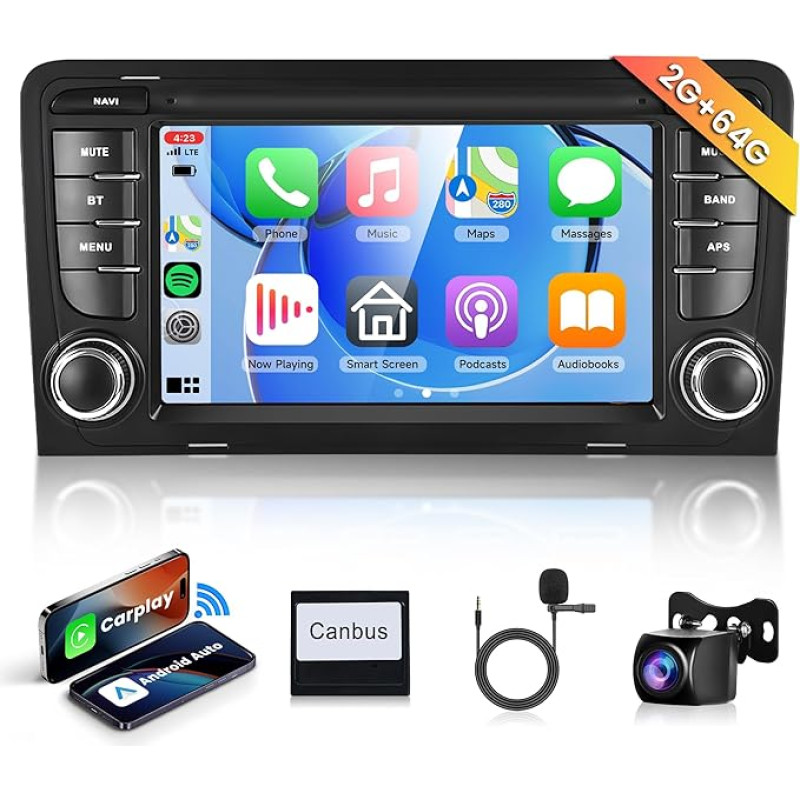 2G+64G belaidis Carplay Android 13 automobilinis radijas 2 Din Audi A3 S3 RS3 2003-2012 7 colių jutiklinio ekrano automobilinis radijas su Android automobiline navigacija GPS WiFi Mirror Link Bluetooth FM/RDS/DAB/DVR/EQ/SWC galinio vaizdo sistema