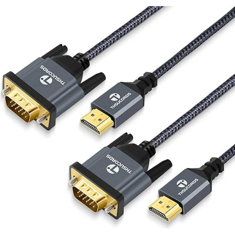 Thsucords HDMI-VGA kabelis 1,5 m, 2 vnt., paauksuotas, pintas HDMI-VGA adapterio kabelis (vyriškos ir vyriškos lyties), skirtas kompiuteriui, staliniam kompiuteriui, nešiojamajam kompiuteriui, asmeniniam kompiuteriui, monitoriui, projektoriui