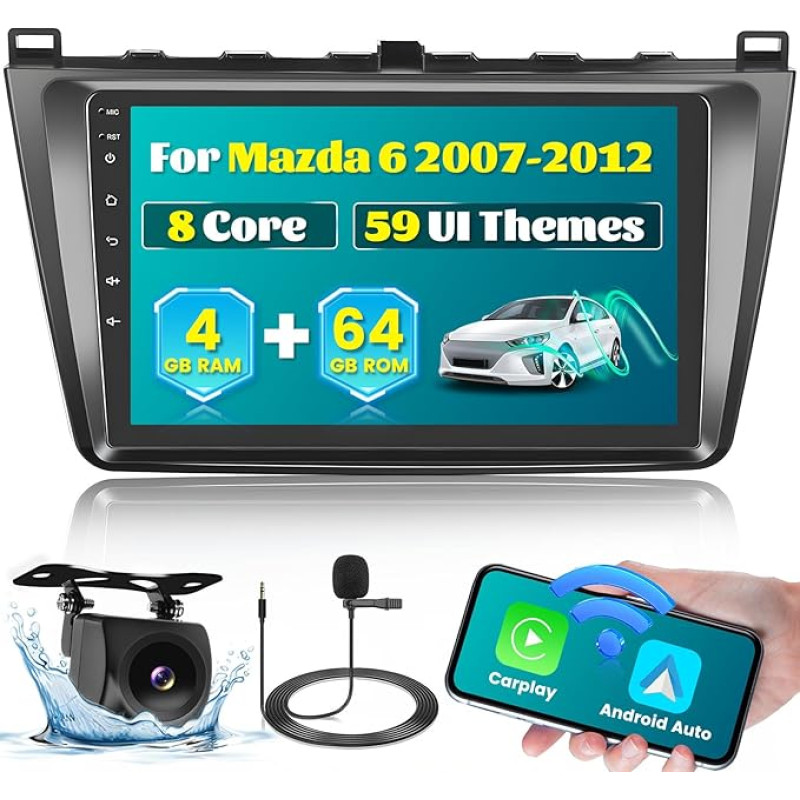 [2024 Upgrade 8 Core 4G + 64G] Hikity 9 colių Android 13 prietaisų skydelio radijo rinkinys Mazda 6 2007-2012 m. Automobilinis radijas 2DIN su CarPlay Android automobilinis belaidis WiFi GPS BT5.0 59UI 32DSP RDS Mic Galinio vaizdo kamera