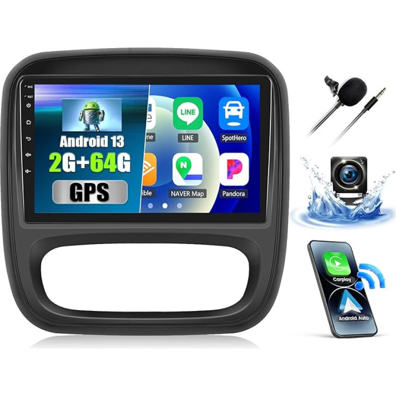 CAMECHO 2+64G Android 13 navigacijos automobilinis radijas Opel Vauxhall Vivaro Renault Trafic Fiat Talento Nissan NV300/VW30, 9 colių belaidis Carplay Android automobilinis radijas su WiFi GPS FM/RDS + atbulinės eigos kamera