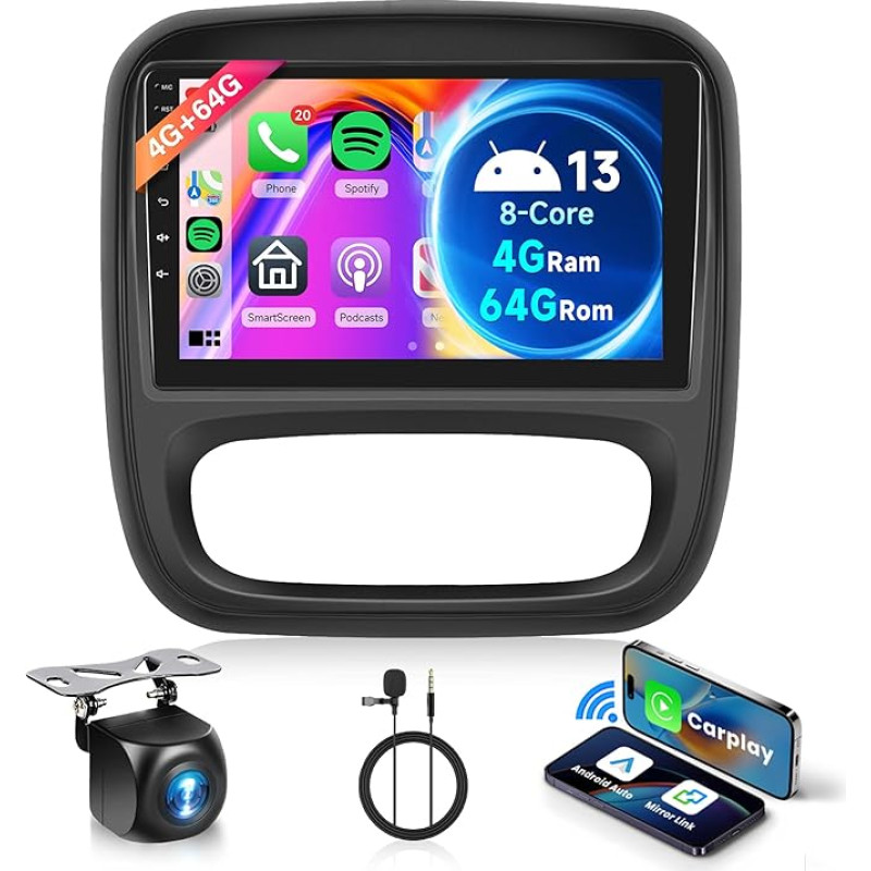 8 branduolių 4G + 64G belaidis Carplay Android 13 automobilinis radijas Opel Vivaro Renault Trafic Fiat Talento Nissan NV300 9 colių automobilinis radijas Android automobilinė navigacija GPS WiFi Mirror Link Bluetooth FM/RDS/SWC