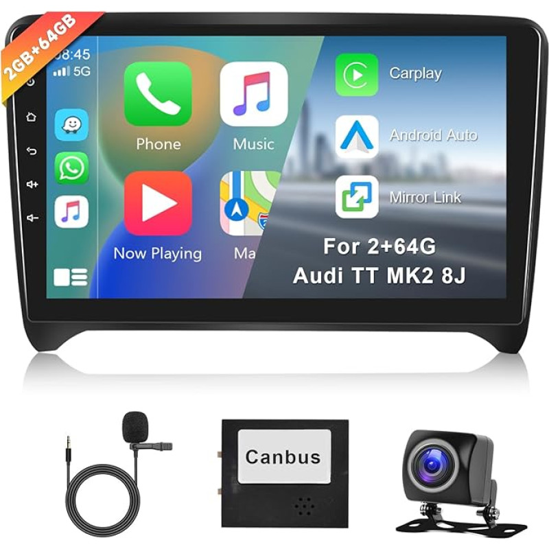 Hodozzy 2G + 64G Android automobilinis radijas Audi TT MK2 8J 2008-2014 m. Radijas Belaidis Carplay Android automobilis, 9 colių jutiklinis ekranas su GPS navigacija WiFi Bluetooth HiFi FM RDS automobilinis radijas + atbuline eiga