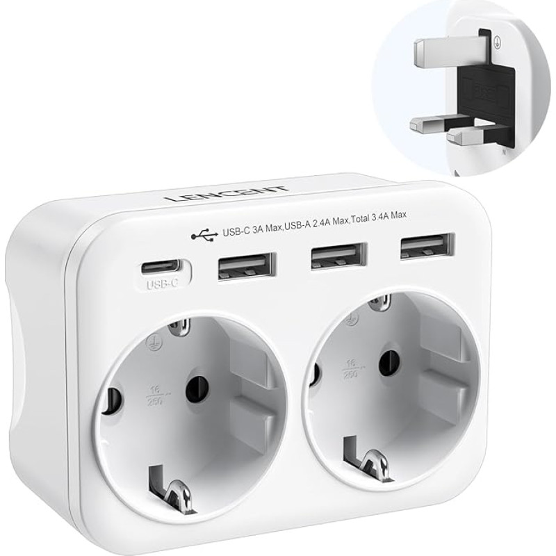 LENCENT Travel Adaptor UK Germany Plug, Type G Socket, Travel Plug with 1 USB-C & 3 USB-A Ports, Double EU Schuko to UK for England, UK, Scotland, Ireland, Maldives Sockets