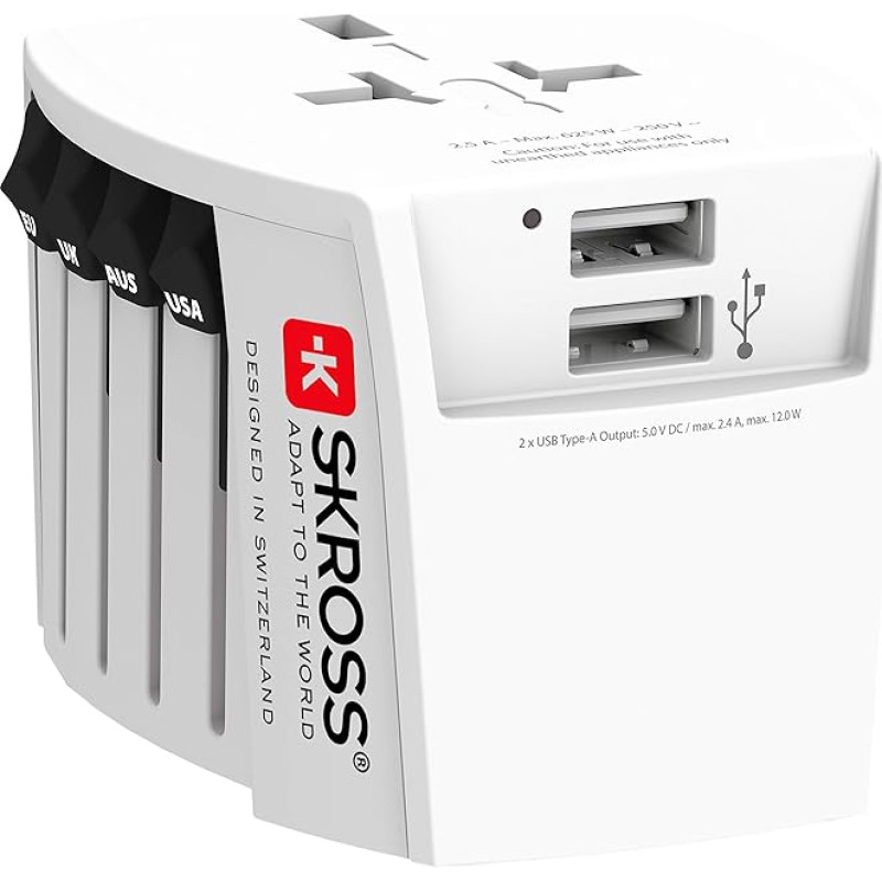 SKROSS | 1.302960 | MUV USB (2xA) | Universal 2-Pin Travel Adapter - Complete with 2 USB Charging Sockets. Voltage and Power: 100V - 250W / 250V - 625W. Anti-electric shock protection