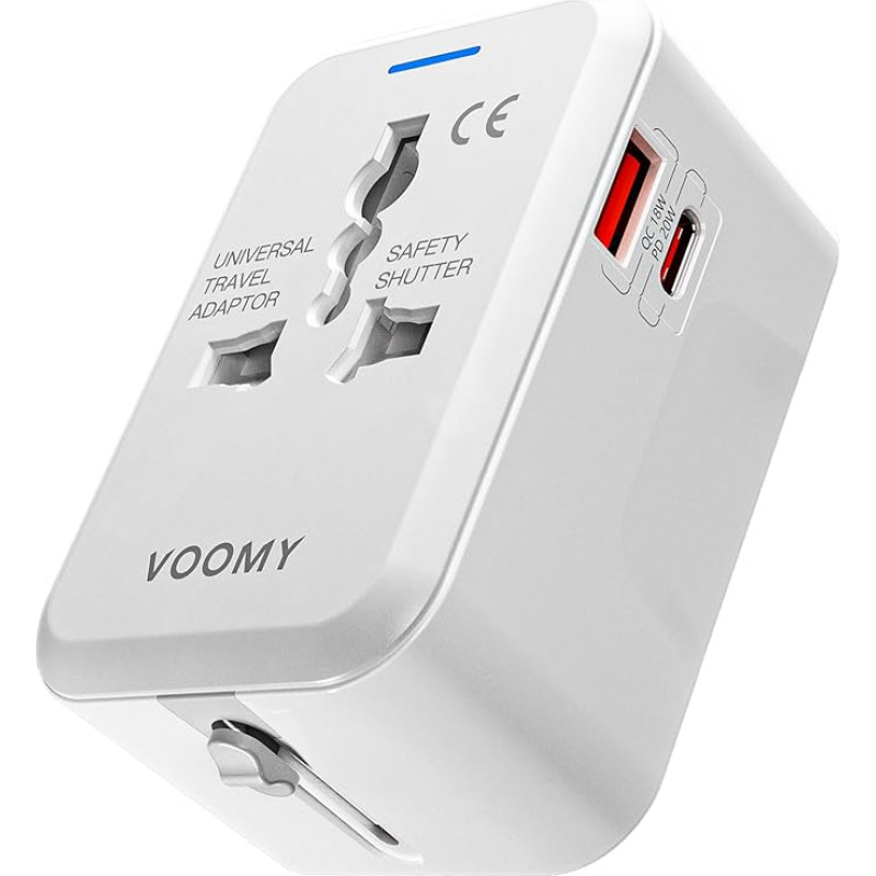 VOOMY Travel Plug with Quick Charger for Over 150 Countries, Travel Adapter with USB Charger and USB C Charger, Camping Accessories with Quick Charging 3.0, USB Plug and 20 W Charger USB C