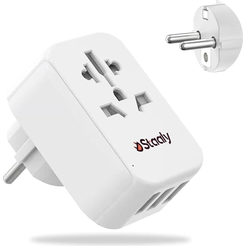 Staaly World/US/UK to EU Socket Adapter 3 USB Ports 2/3 Pin to 2 Pin Schuko Plug UK to Europe Plug Adapter Fit Type A B G I J L for Devices Under 250V 10A Fuse (Type E/F Plug)