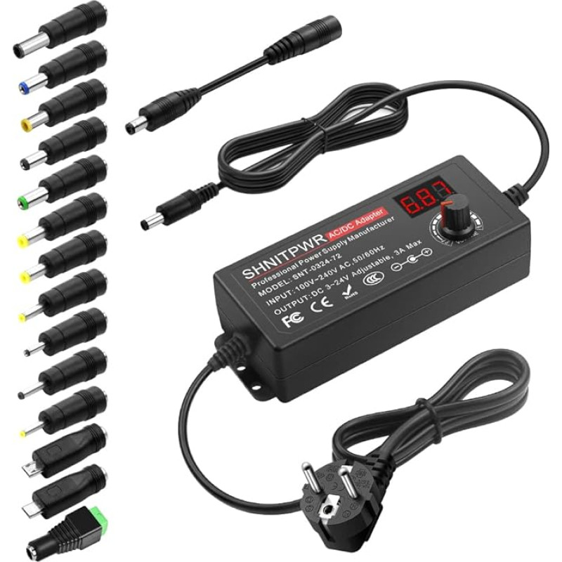 SHNITPWR Universal 3V~24V 72W 3A Power Adapter Switching Power Supply with 14 Adapters for Electronic Devices 3V to 12V Camera and LED Strip etc 3A Max