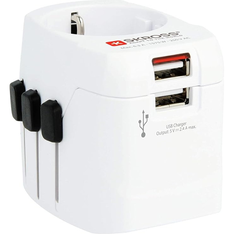 SKROSS | 1302460 | Universal Travel Adapter 2 and 3 Pin and with 2 USB Sockets - Voltage and Power: 100V - 630W, 250V - 1575W - Anti Electric Shock Protection