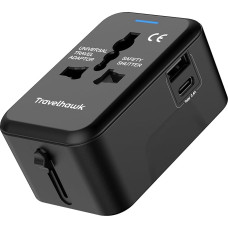 TravelHawk Travel Adapter Worldwide - Socket Adapter 20W Type G, Type A, Type D USB-C and USB Travel Plug Fast Charger Travel Adapter UK, USA, Australia, Asia, South America, Africa