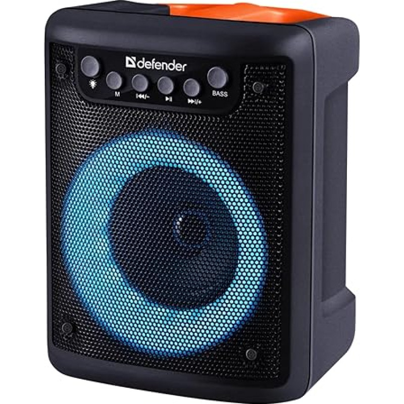 Defender Bluetooth Speaker with Light, Portable BT 5.3 Box Music Box with Microphone Jack, Built-in FM Radio, MP3, SD, Stereo Pairing for Home, Outdoor, Travel, Black