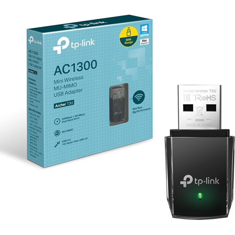 TP-Link Archer T3U AC1300 dviejų dažnių WLAN adapteris (867Mbit/s (5GHz), 400Mbit/s (2,4GHz) 802.11ac, USB 3.0, MU MIMO, palaiko Windows 10 / 8.1 / 8/7 / XP, Mac OS X ), juodas