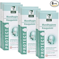 Baders Protect Burnos higienos kramtomoji guma iš vaistinės. Antibakterinė burnos ertmės apsauga su arbatmedžio aliejumi, žaliąja arbata ir ksilitoliu. 6 x 20 kramtomosios gumos kvadratėlių