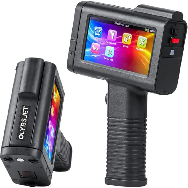 OLYBSJET nešiojamasis rankinis spausdintuvas, rankinis rašalinis spausdintuvas (BT-HH6105B2) su 4,3 colio HD jutikliniu ekranu, rankinis rašalinis spausdintuvas datai / ženklui / brūkšniniam kodui / QR kodui / grafikai / serijos numeriui (palaiko 17