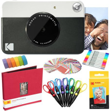 KODAK Printomatic Instant Camera (Schwarz) Kunstpaket + Zinkpapier (20 Blatt) + 8 x 8-Stoff-Sammelalbum + 12 Doppelpunktmarker + 100 Aufkleber + 6 Scheren + Washi Tape