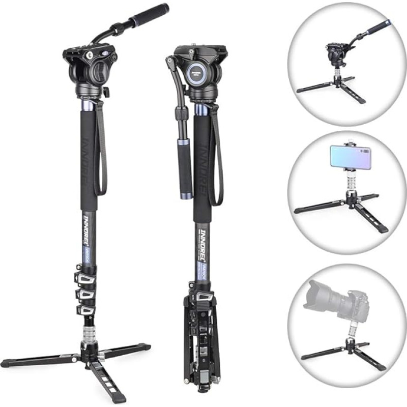 INNOREL VM70CK, anglies pluošto vaizdo monopodo kojelė su F60 skysčio galvute ir trikojo pagrindu, skirta DSLR vaizdo kameroms, sveria tik 1,8 kg, keliamoji galia 6 kg